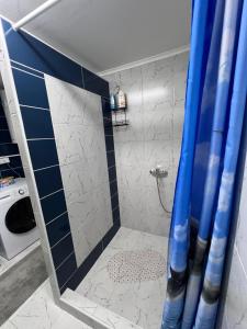 bagno con doccia con tenda blu di HOLIDDAY HOUSE THE LUx a Apatin