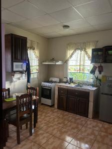 cocina con fogones, fregadero y mesa en Linda Vista Cabins, en Boquete