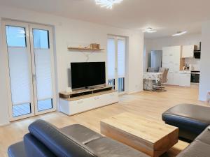 ケルンにあるModen Apartment in central cologne with free parkingの薄型テレビとソファのあるリビングルーム