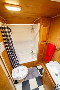 um pequeno banheiro com vaso sanitário e chuveiro em Darling Daisy Retro RV Adventure em El Cajon
