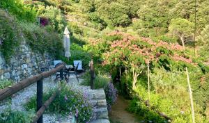 a garden with flowers and a table and an umbrella at Villa Pietrafiore in Monterosso al Mare
