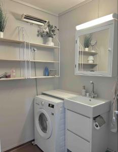 - une buanderie avec un lave-linge et un évier dans l'établissement Cosy Room 10M to Oslo S ONLY WOMEN, à Oslo