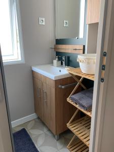 a bathroom with a sink and a mirror at Cb - Espace & confort, 3 ch, 41m2, proche mer in Lattes +29 photos