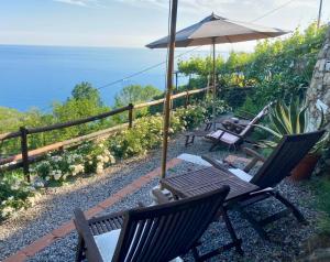 a patio with two chairs and an umbrella and the ocean at Villa Pietrafiore in Monterosso al Mare