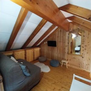 - un salon mansardé avec un canapé et une télévision dans l'établissement Résidence Means - Superbe T2 avec mezzanine pour 9 personnes sur la station du Réallon MEANS1 MAE-8001, à Réallon