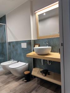 a bathroom with a sink and a toilet and a mirror at Casa Delfina in Grosotto +50 photos