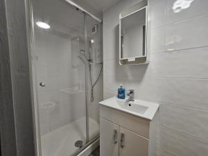 a bathroom with a shower and a sink and a shower at Penthouse - Whitechapel in London