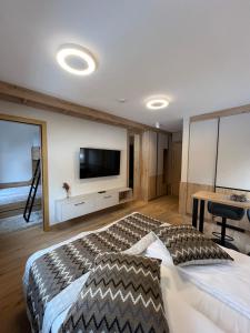 Un dormitorio con una cama grande y un televisor de pantalla plana. en Privatni Apartman RIO 153 u sklopu HOTEL VUČKO JAHORINA, en Jahorina