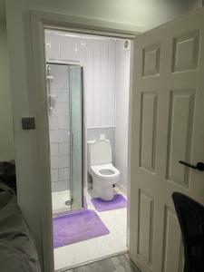 een badkamer met toilet en glazen douche bij Cosy studio in Queensbury