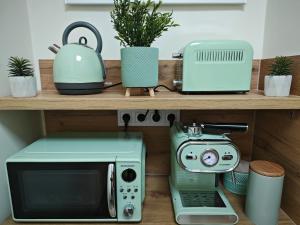 a microwave and a toaster on a shelf at Central Greatforest Apartman in Debrecen