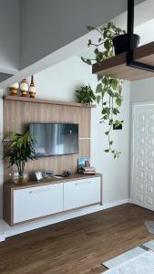 布卢梅瑙Blumen Espaço "piscina privativa'的墙上挂着电视的客厅