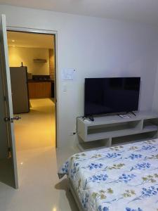 a bedroom with a large tv and a bed at April Villa - Luxury 2 Bed, 2 Bath Apartment with Panoramic Ocean Views, Peaceful, Private Beach in Pinamihagan