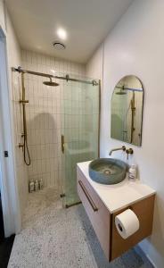 a bathroom with a sink and a glass shower at Summit View Studio Jacks Point in Queenstown Airport