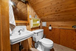 ein Badezimmer mit Toilette und Waschbecken in der Unterkunft The Fawnskin Hideaway, HUGE Backyard, BBQ & Patio! in Fawnskin + 25 Fotos