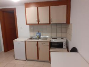 eine kleine Küche mit Spüle und Mikrowelle in der Unterkunft City Studio Kavala in Kavala + 8 Fotos