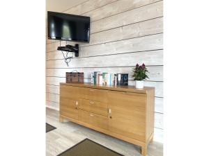 a tv on a wall with a wooden wall at Haus Pröse mit 2 Ferienwohnungen, 15 Minuten zur Ostsee in Ostseebad Koserow