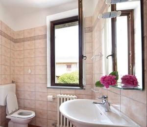 Un baño con lavabo, inodoro y ventana. en Agriturismo Il Colletto, en Albenga 36 fotos más