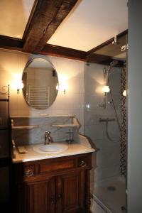a bathroom with a sink and a mirror and a shower at Gîte le Romantique in Colmar