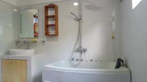 a bathroom with a shower and a tub and a sink at Hotel SU kataragama in Kataragama