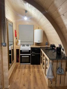 una piccola cucina con piano cottura e lavandino di Executive Pod and Jacuzzi a Watch House Village