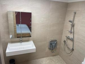 een badkamer met een wastafel en een spiegel en een bed bij Appartement 15 min Disney Paris in Coutevroult +10 foto's