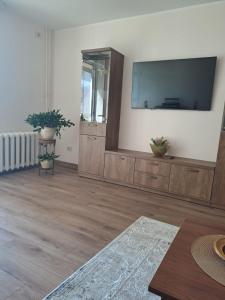 a living room with a large flat screen tv on a wall at ZS apartment in Druskininkai
