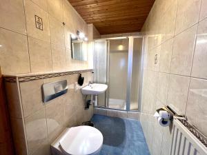 a bathroom with a white toilet and a sink at Appartementhaus Königstraße Ferienwohnung Hohenschwangau in Füssen