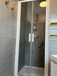 a shower with a glass door in a bathroom at Les Hortensias in Épernay