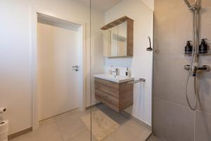 a bathroom with a sink and a shower at TAMLiving Countryside 2BR Küche in Ottendorf bei Gleisdorf +21 photos