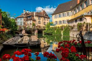 un pont enjambant une rivière, avec des bâtiments et des fleurs rouges dans l'établissement Gîte des Amoureux, à Colmar