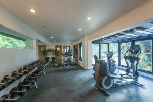 a gym with treadmills and ellipticals in a room with windows at El Nido Resorts Lagen Island in El Nido