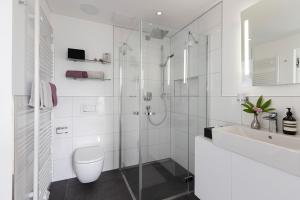 Un baño con ducha, inodoro y lavabo. en Neu PENTHOUSE MoselTop Luxus Design Klima 2P, en Traben-Trarbach 35 fotos más