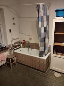 a bathroom with a bath tub with a stool at Biały dom Cyprysowa 11 in Warsaw