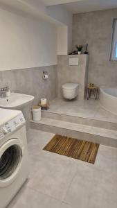 a bathroom with a washing machine and a toilet at Appartement Apelern (A2) - 2 Zimmer, Badewanne, Terrasse, Netflix in Apelern