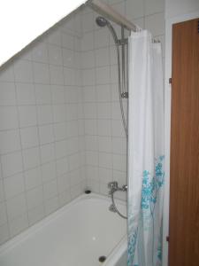 a bathroom with a shower with a shower curtain at Apartment Seven Ducks in Aalen