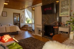 a living room with a fireplace and a couch at Pousada São Gabriel in Barracão