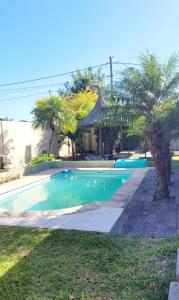 a swimming pool in front of a house with palm trees at LaChula Casa con Piscina in Federación