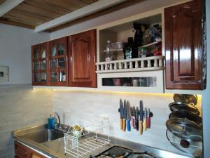 a kitchen with wooden cabinets and a sink with utensils at Cuarto con Cama King y Smart TV en apartamento compartido en Tunja in Tunja