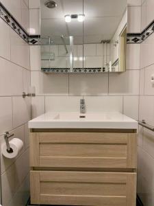 un baño con lavabo y espejo en Blue Bay Zandvoort, en Zandvoort