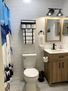 a bathroom with a toilet and a sink at COZY LOON MOUNTAIN ESCAPE - Free shuttle, Pool, Hot tub, River&Mnt Views in Lincoln