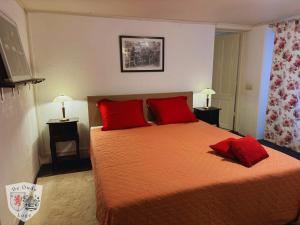 Un dormitorio con una cama grande con almohadas rojas. en Attractive with Total Comfort - Ground Floor, en Valkenburg