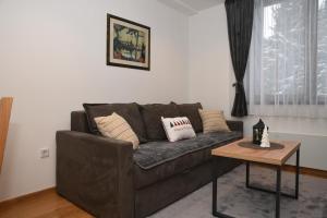 a living room with a brown couch and a table at Zlatni Javor Twins in Jahorina