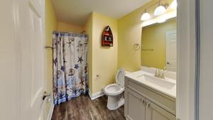 a bathroom with a toilet and a sink and a shower curtain at Put-in-Bay Waterfront Condo #107 in Put-in-Bay +29 photos