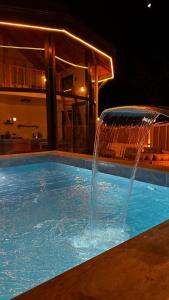 una fontana in una piscina di notte di Sıcak Havuzlu ve Jakuzili Villa 2 a Sakarya
