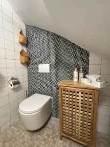a bathroom with a toilet and a tiled wall at Lavanda in Tribunj