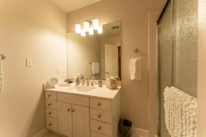 a bathroom with a sink and a mirror at Sleepy Lagoon Cottage in Covington +11 photos