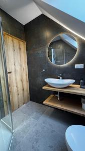 a bathroom with a sink and a mirror at Domki na Stronie C in Stronie Śląskie +42 photos