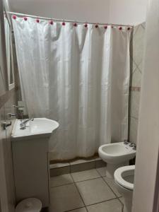 a bathroom with a sink and a toilet and a shower curtain at Posada La Pedrera in Villa Yacanto