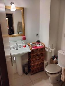 Un baño con lavabo, inodoro y espejo. en Joli studio avec jardinet, en Aviñón 27 fotos más