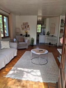 salon z kanapą i stołem w obiekcie Chalet les Cigalines au calme w mieście Fabrezan